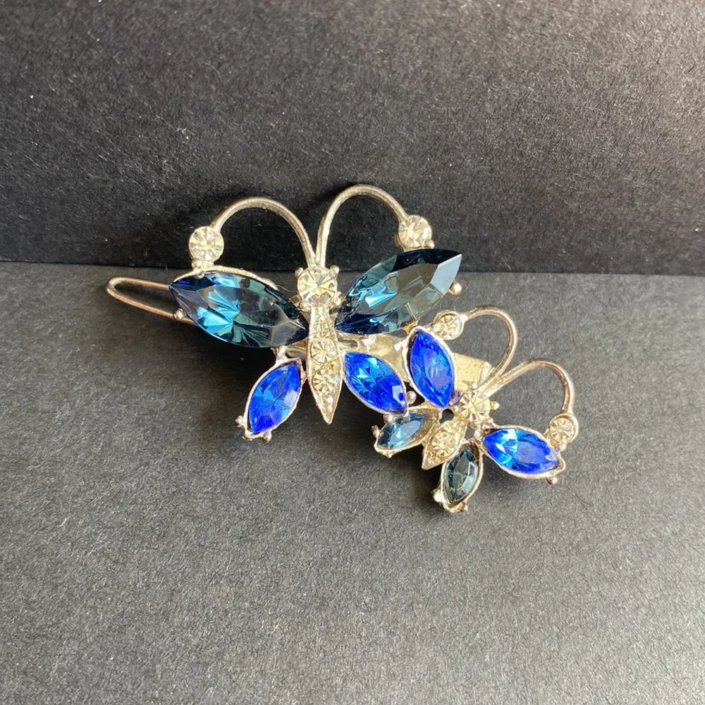 Eve Reid vintage Blue Crystal Butterflies Hair Clip Barrette